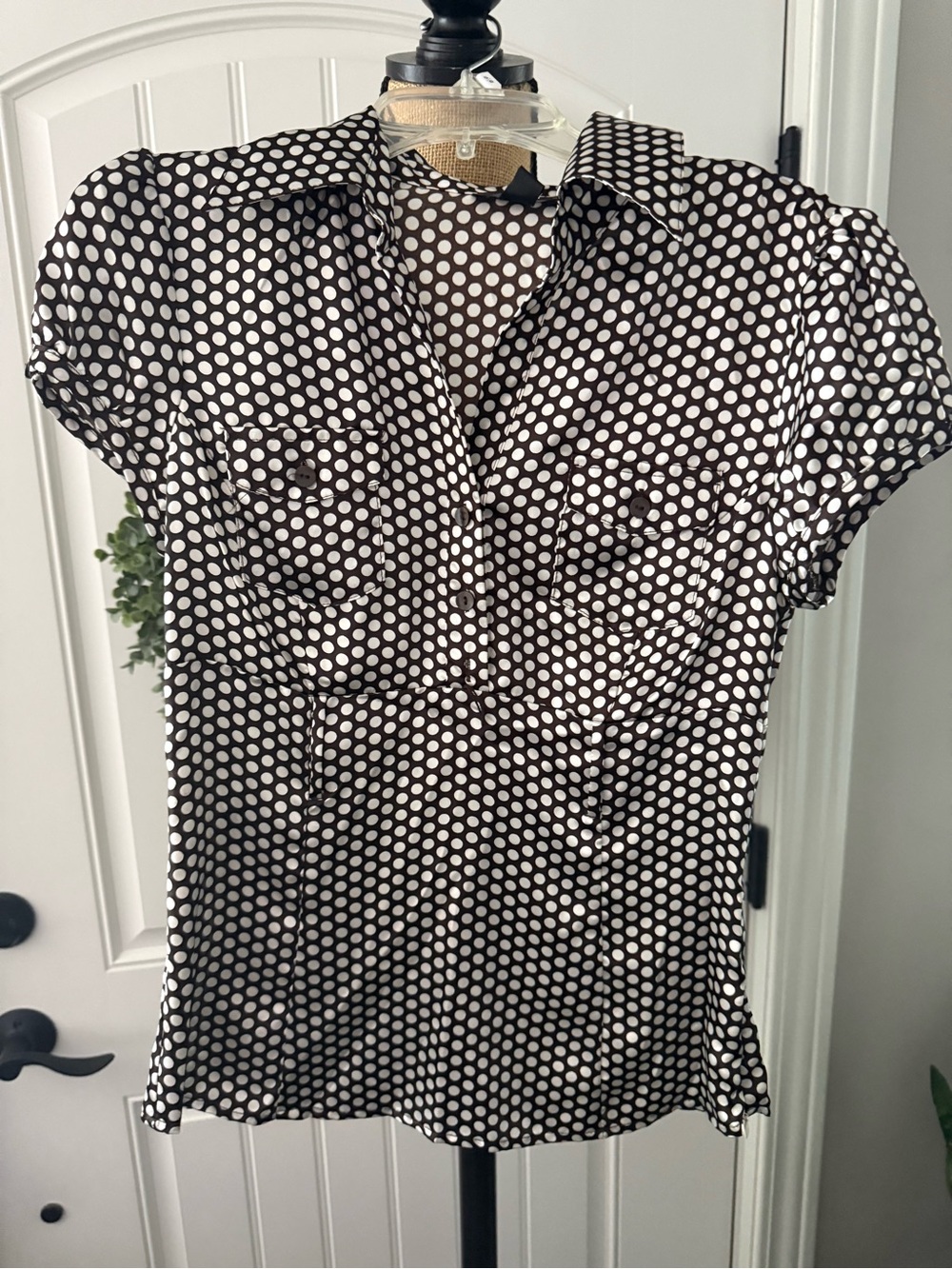 Polka Dot Short-Sleeve Button Front Top - Brown/White